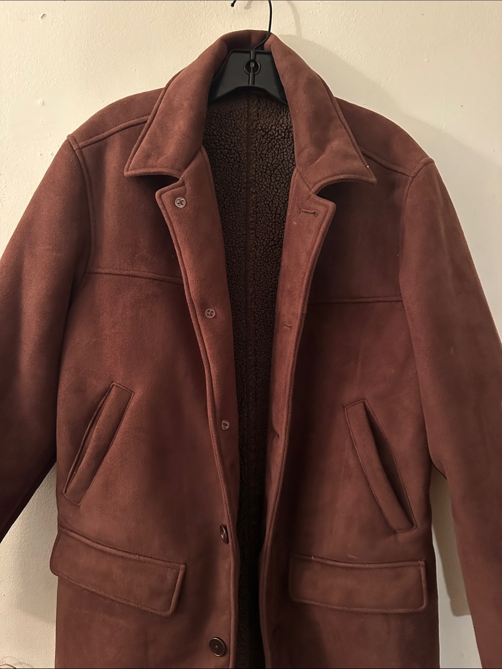 Men's Brown Faux Suede Shearling-Lined Coat
